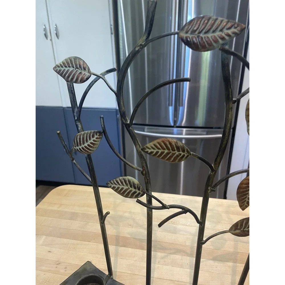 Bronze & Green Twig & Leaf Metal Tea Light 5 Candle Holder Rustic Decor Mantle